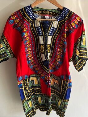 Tribal Ethnic Top Blouse Red Colorful Unbranded Sz Lg Cotton EUC
